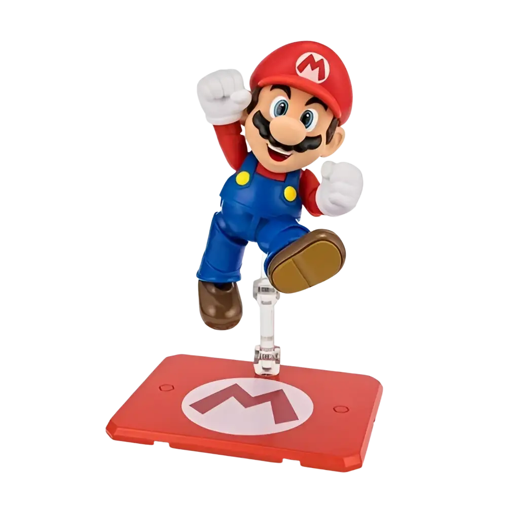 Super mario bros mario s.h.figuarts action figure in red and blue plastic with yellow buttons on a red m base