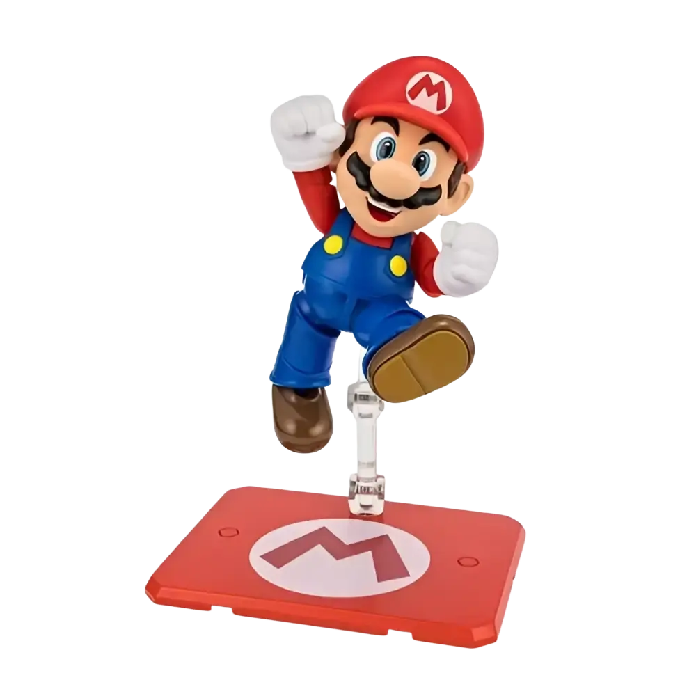 Super mario bros mario s.h.figuarts action figure in red and blue plastic with yellow buttons on a red m base