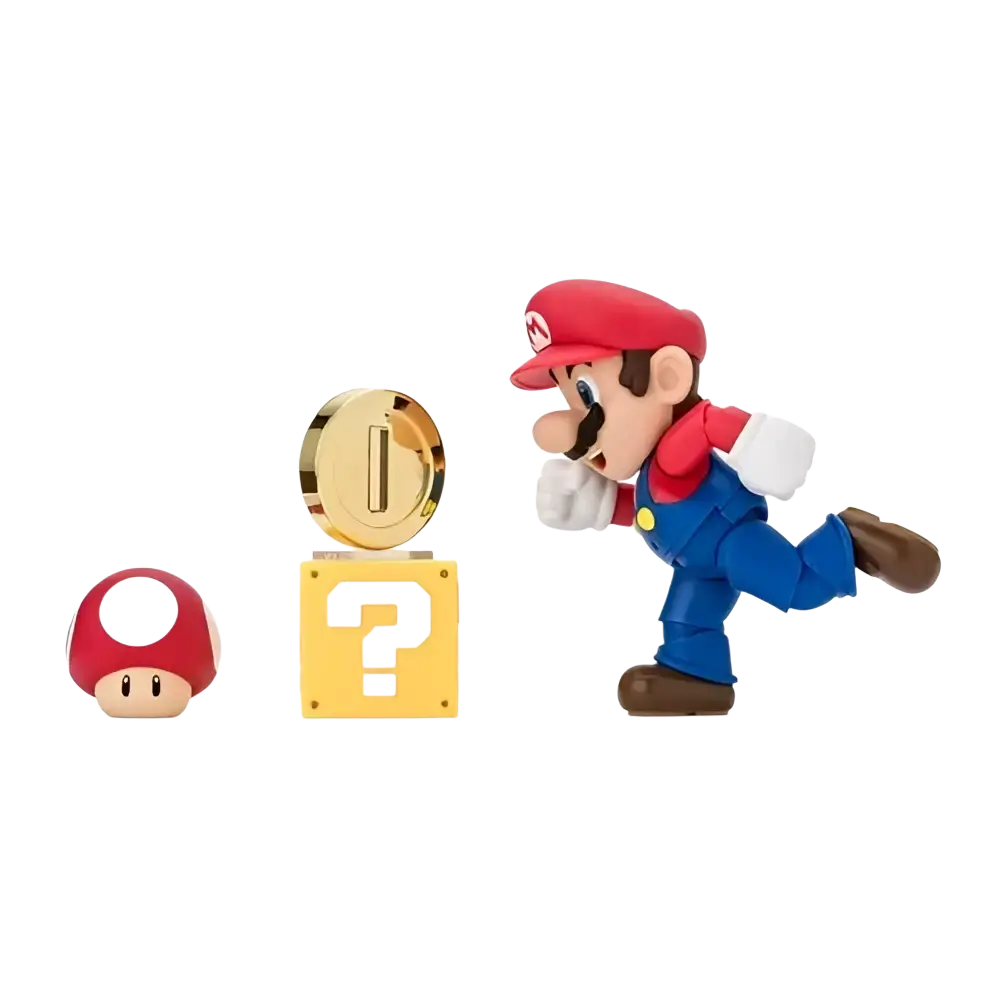 Red-capped mushroom with white spots stylized vinyl figure featured in super mario bros mario s.h.figures action figure set