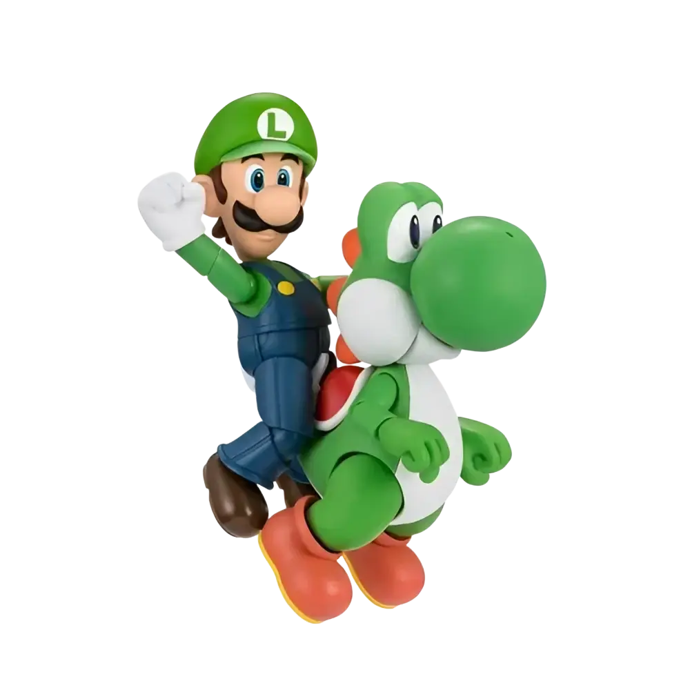 Super Mario Bros green and blue Luigi action figure riding green Yoshi with detailed plastic construction and painted accents