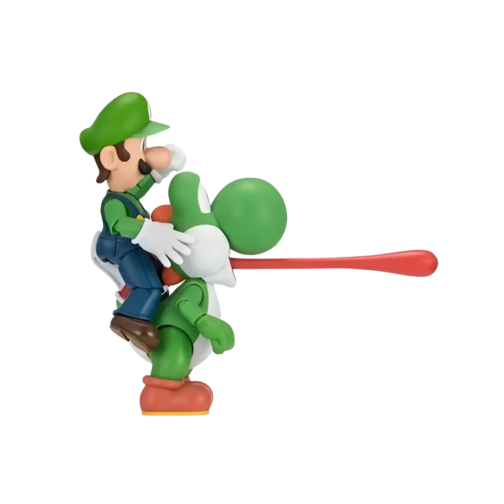 Super mario bros s.h.figuarts action figure of green and blue plastic luigi riding green yoshi with red tail in mushroom kingdom style