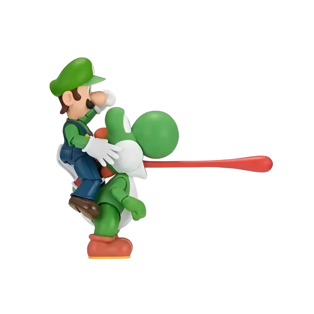 Super mario bros s.h.figuarts action figure of green and blue plastic luigi riding green yoshi with red tail in mushroom kingdom style