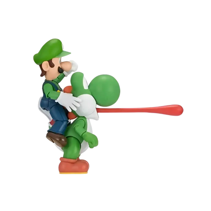 Super mario bros s.h.figuarts action figure of green and blue plastic luigi riding green yoshi with red tail in mushroom kingdom style