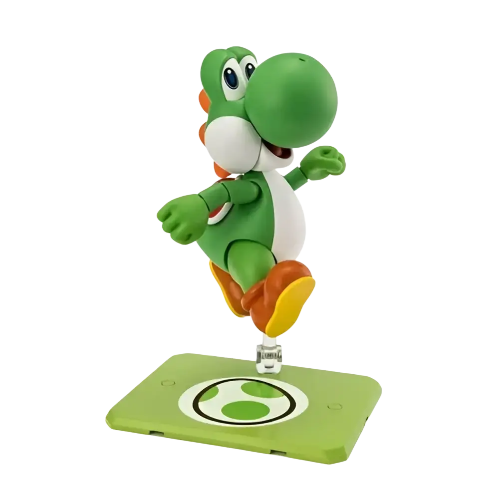Super mario bros green yoshi action figure with white belly standing on green mushroom kingdom base with egg logo