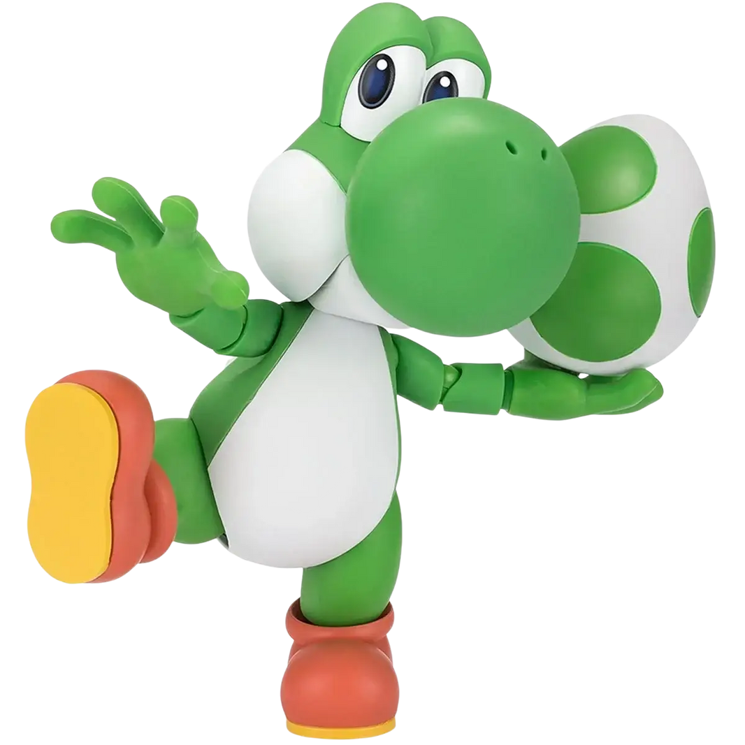 Super Mario Bros green and white Yoshi S.H.Figuarts action figure holding a green-spotted egg from Mushroom Kingdom