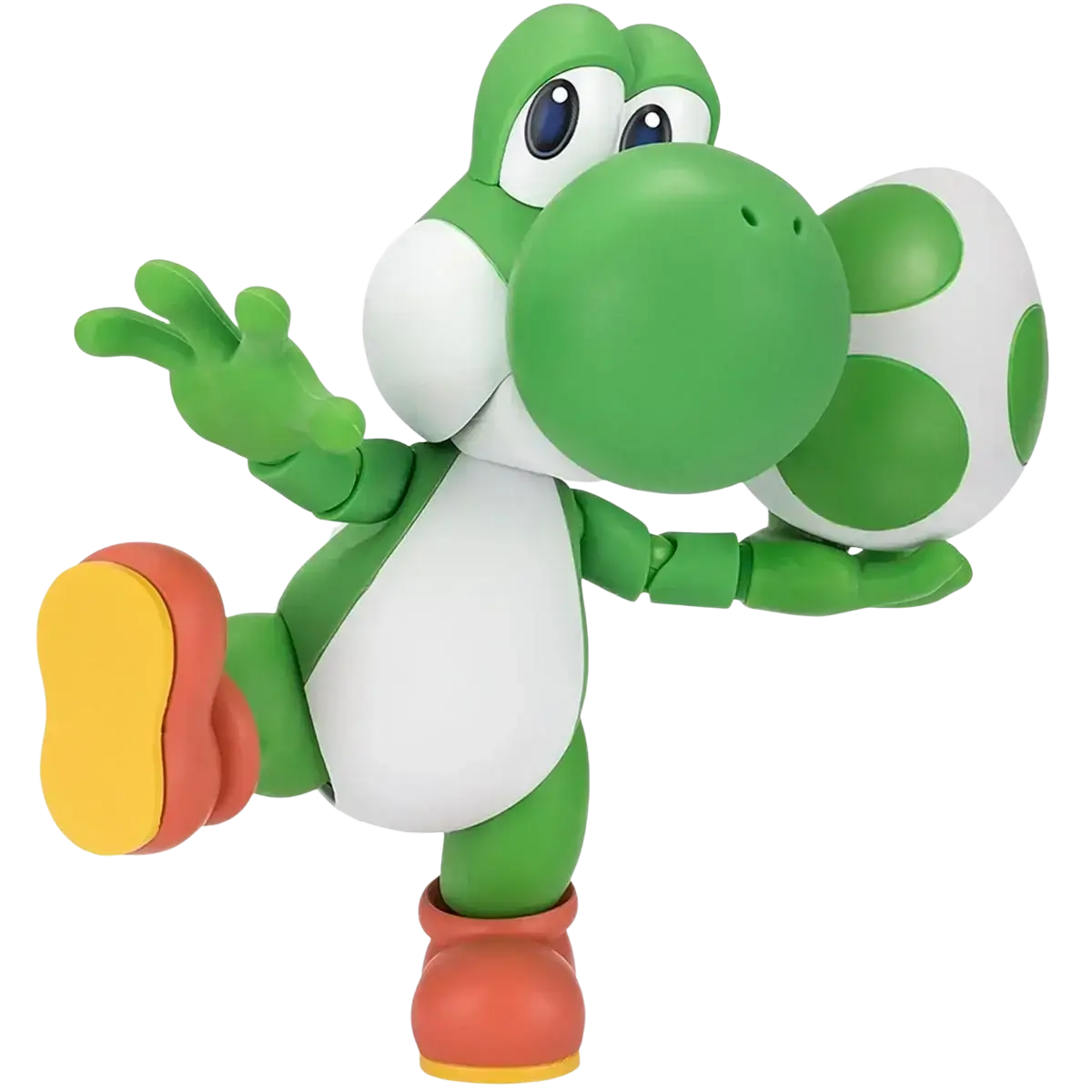 Super Mario Bros green and white Yoshi S.H.Figuarts action figure holding a green-spotted egg from Mushroom Kingdom