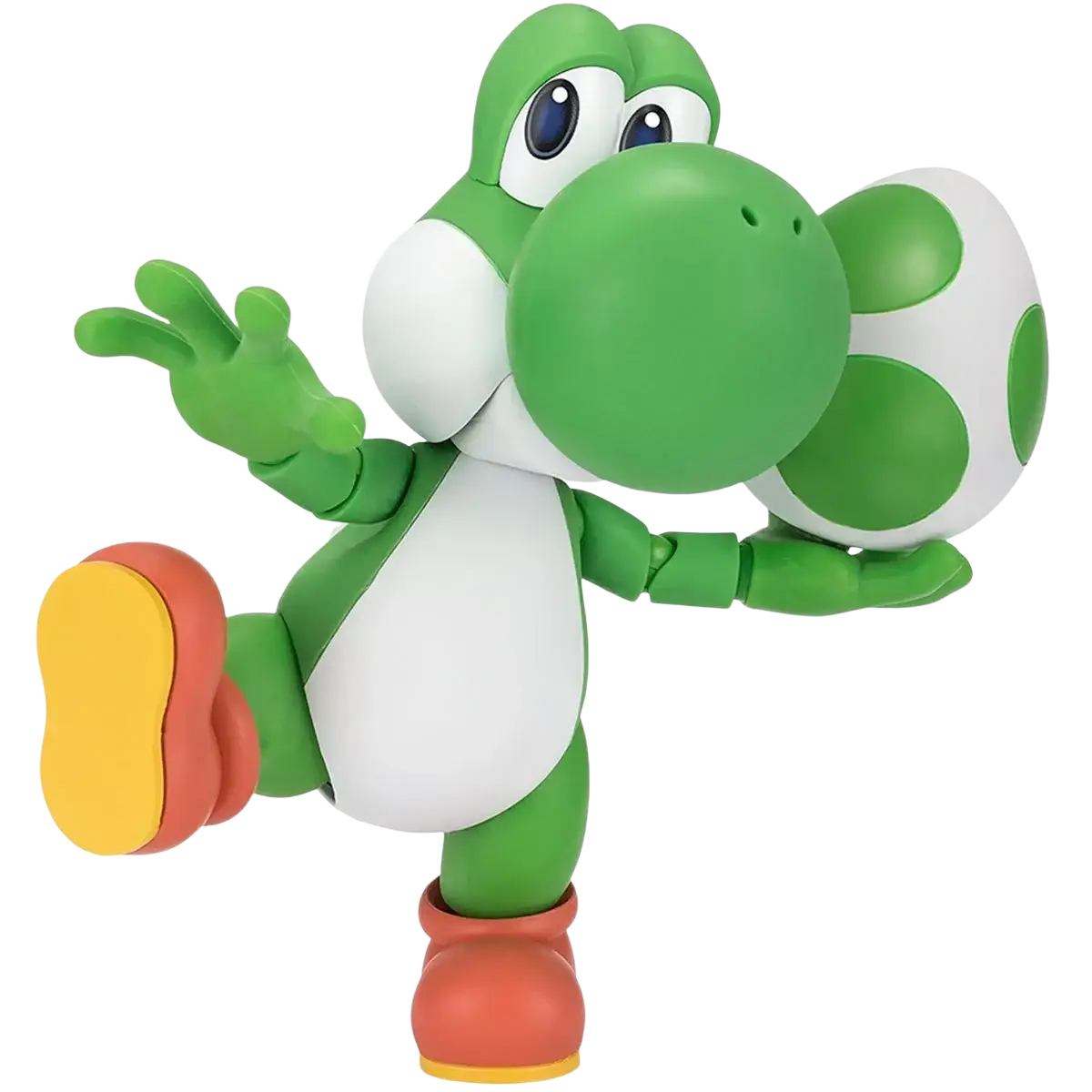 Super Mario Bros green and white Yoshi S.H.Figuarts action figure holding a green-spotted egg from Mushroom Kingdom