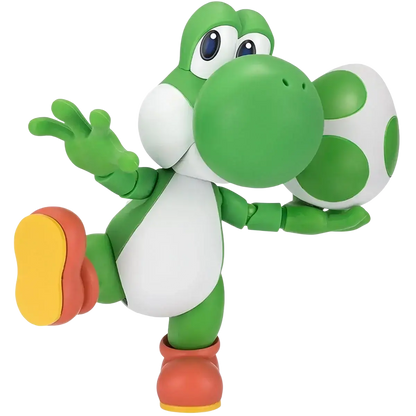 Super Mario Bros green and white Yoshi S.H.Figuarts action figure holding a green-spotted egg from Mushroom Kingdom