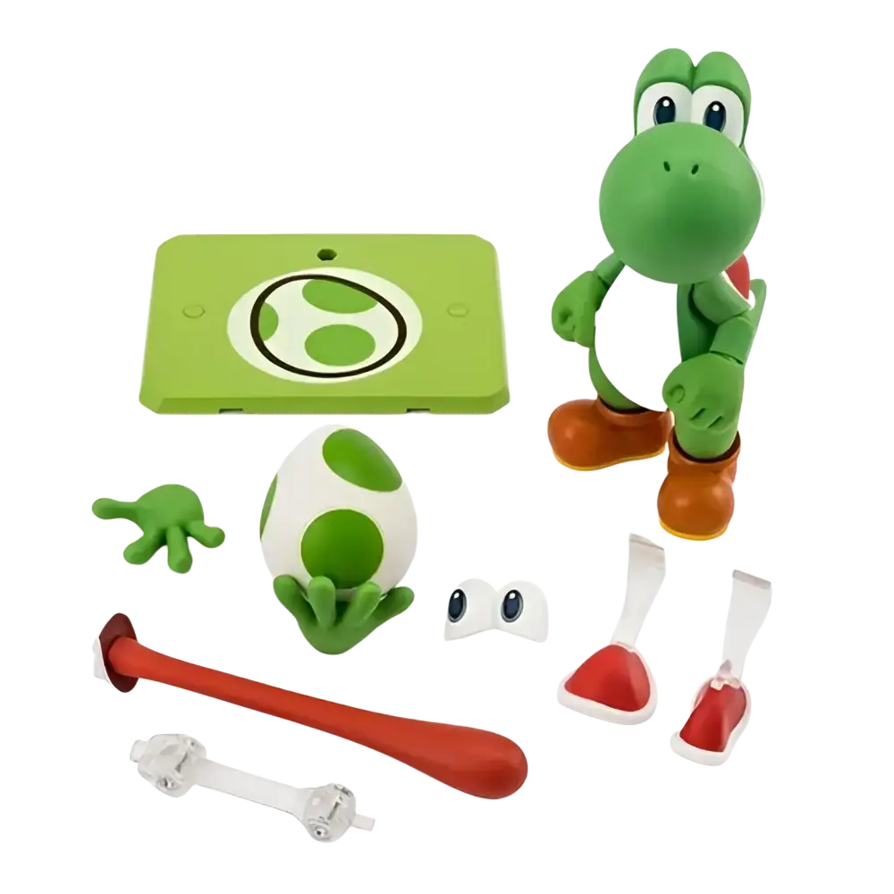Green yoshi figure with white belly and orange feet hands standing upright from super mario bros mushroom kingdom collection