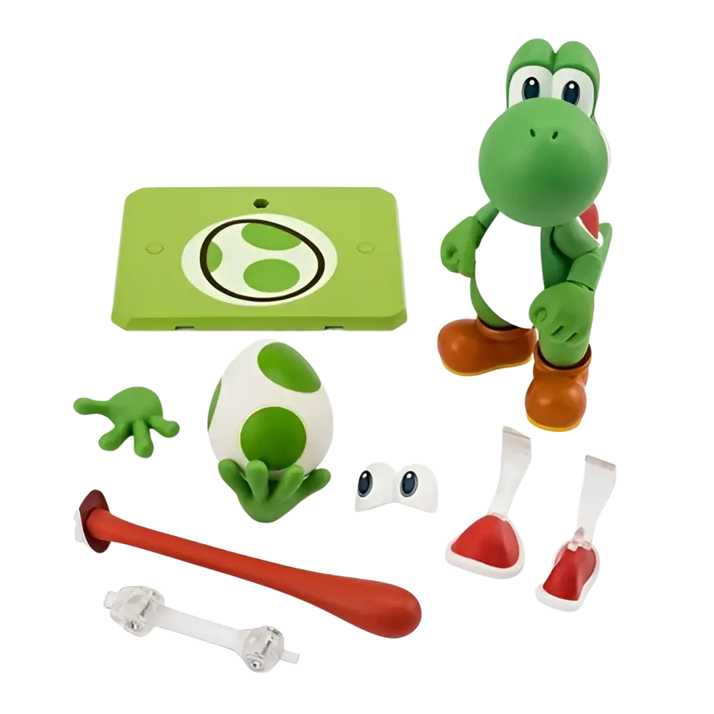 Green yoshi figure with white belly and orange feet hands standing upright from super mario bros mushroom kingdom collection