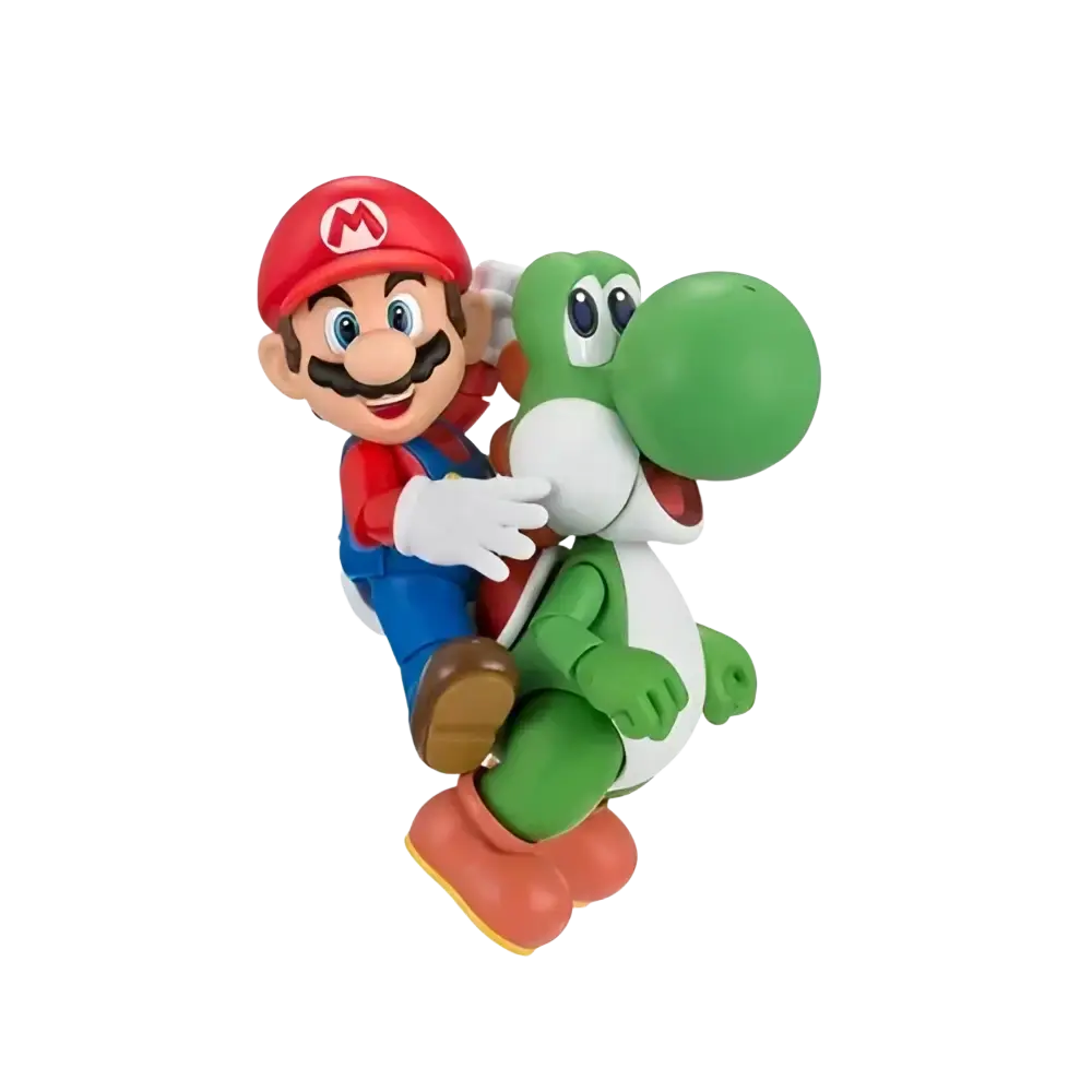 Super mario bros yoshi shfiguarts action figure features red-capped mario in blue overalls riding green yoshi from mushroom kingdom