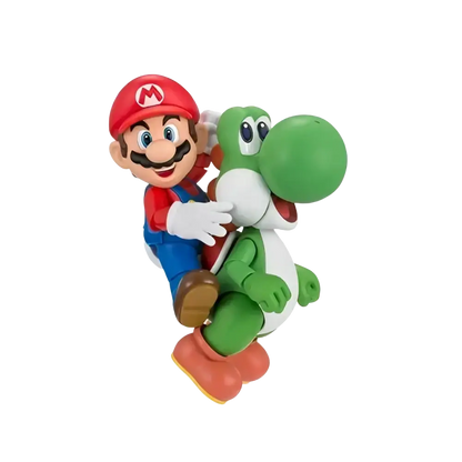 Super mario bros yoshi shfiguarts action figure features red-capped mario in blue overalls riding green yoshi from mushroom kingdom