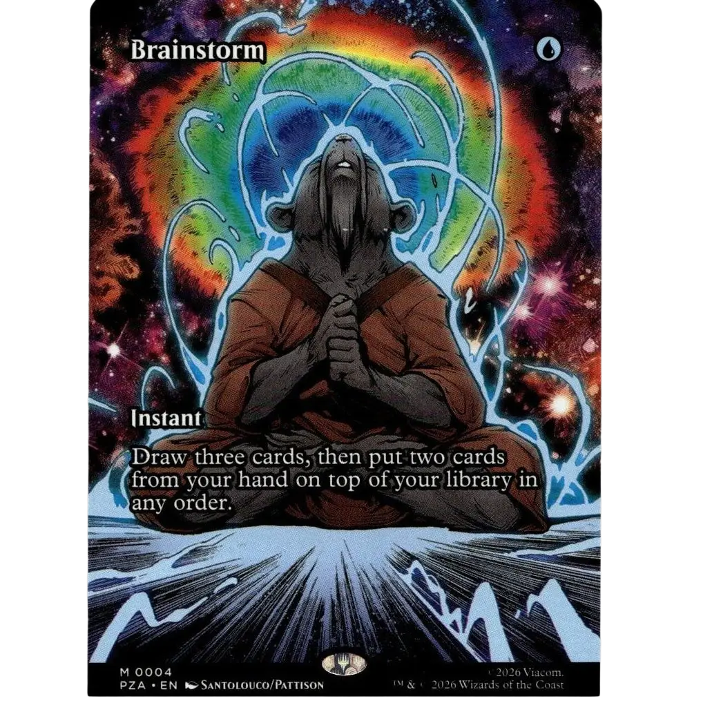 A vibrant brainstrom trading card featuring super shredder as a dark-furred bearded creature meditating against a cosmic rainbow backdrop from mutant ninja turtles tmnt collection