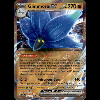 Blue glimmora ex pokémon card featuring a glowing, starry design with yellow eyes and sharp leaf-like appendages.