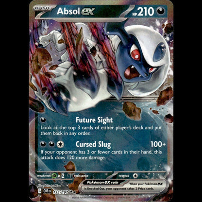 A blue and white absol ex pokémon trading card with red eyes, featuring a dynamic illustration of the creature amidst debris.
