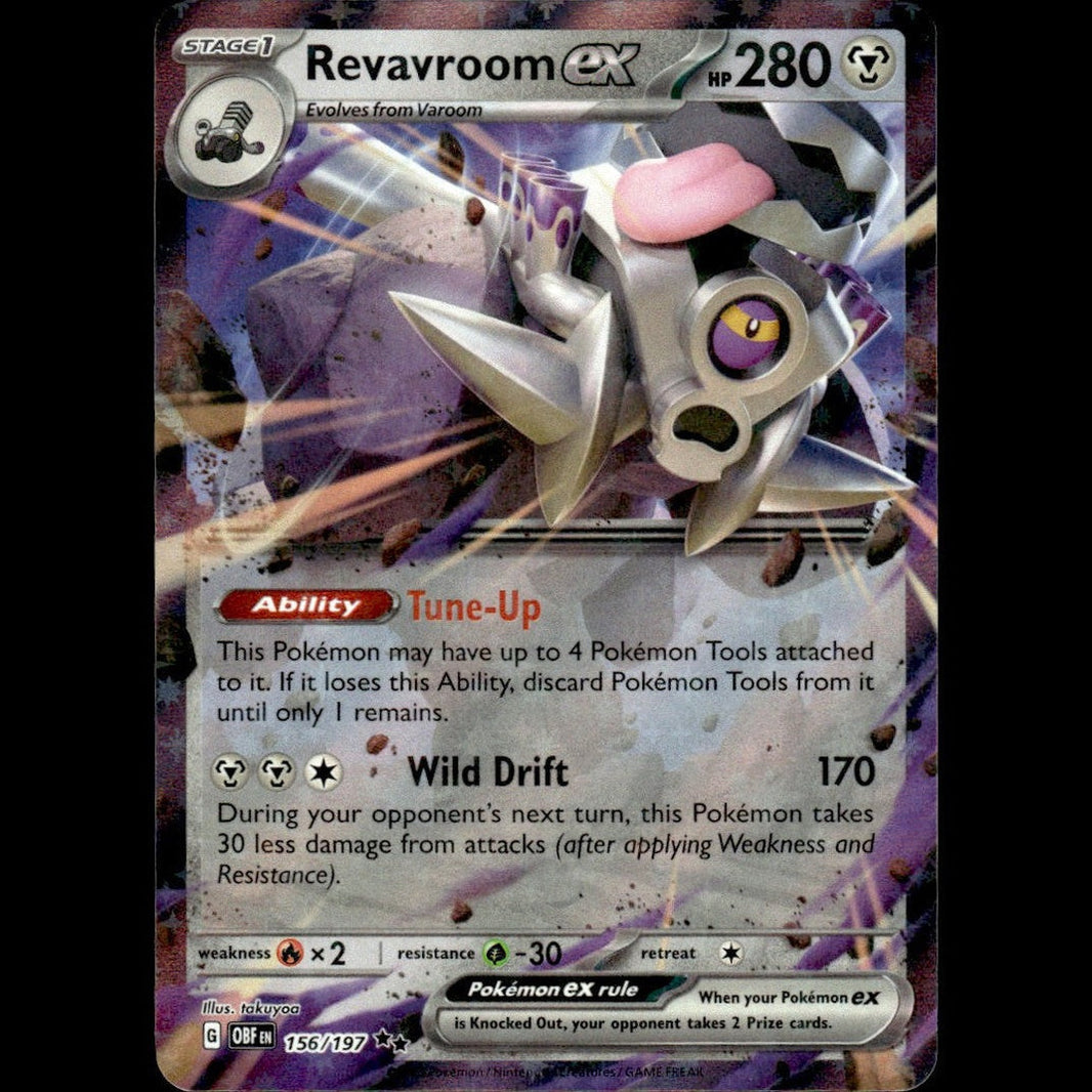 A metallic silver and purple revavroom ex pokémon card featuring a robotic, spiky creature with glowing yellow eyes.