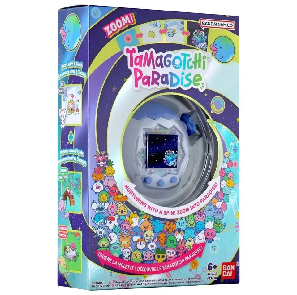Tamagotchi paradise white glacier handheld digital pet toy in purple and blue box with circular screen and colorful characters