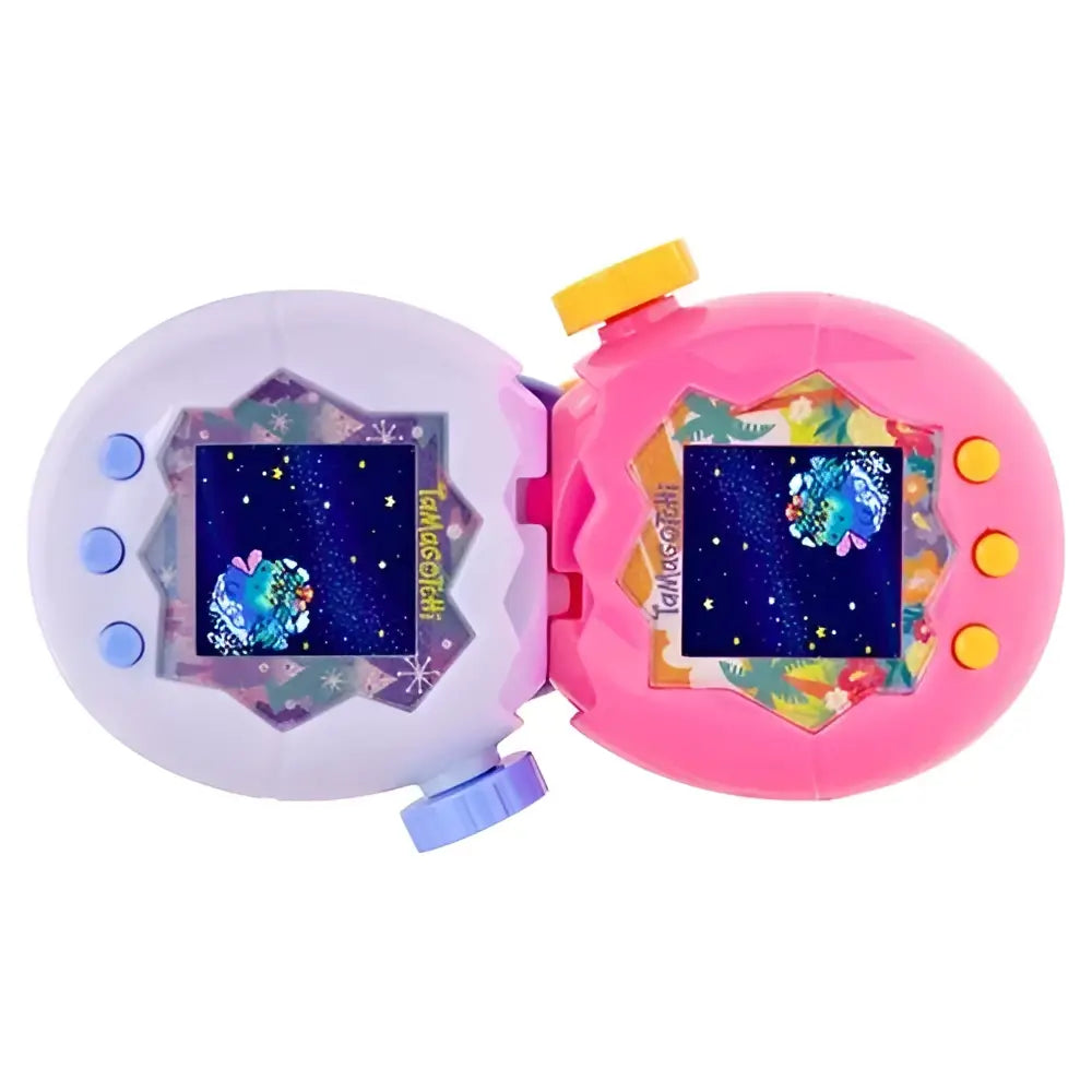 Pink and lavender tamagotchi paradise white glacier digital pet with colorful animated creatures on patterned screens
