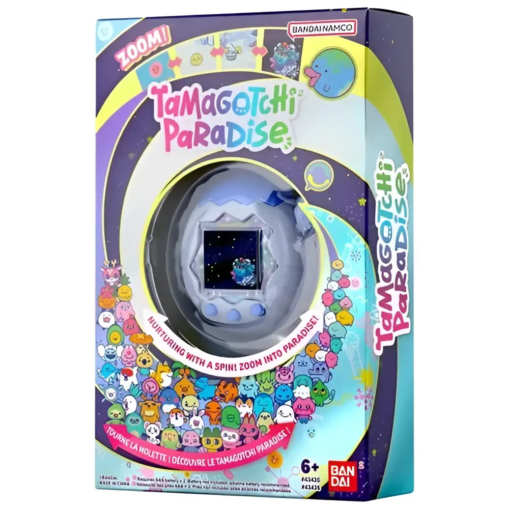 Tamagotchi paradise white glacier digital pet in purple and teal packaging with gray plastic body and blue creature screen