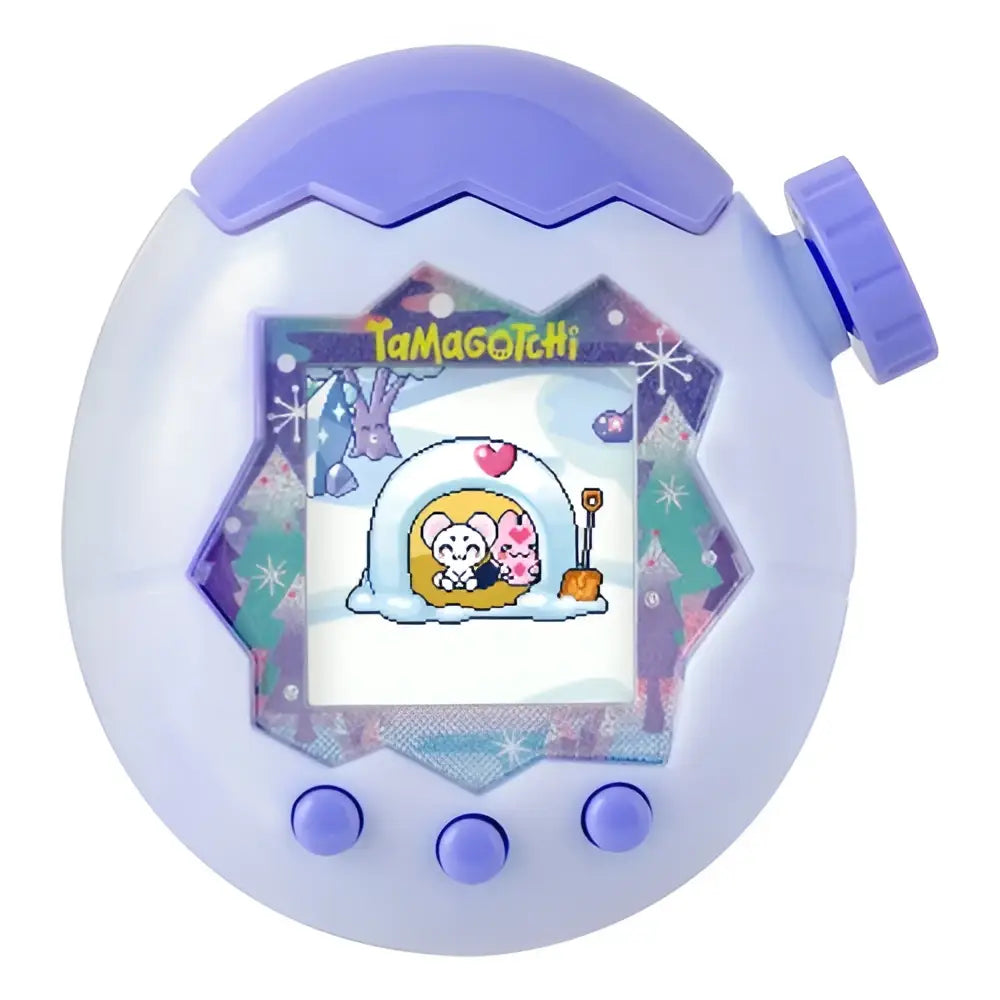Purple tamagotchi paradise white glacier digital pet device with frosty winter-themed screen display
