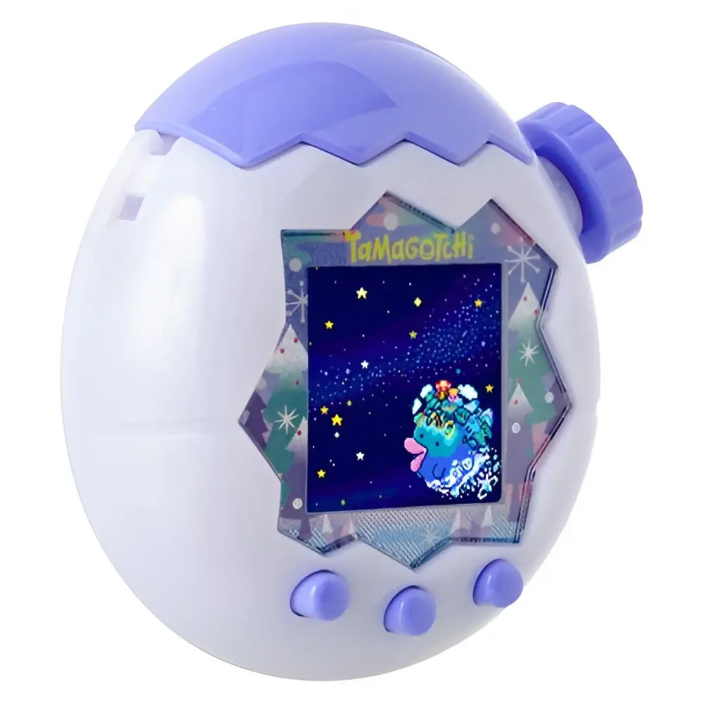Purple and white egg-shaped tamagotchi paradise white glacier digital pet device showing a blue creature on screen