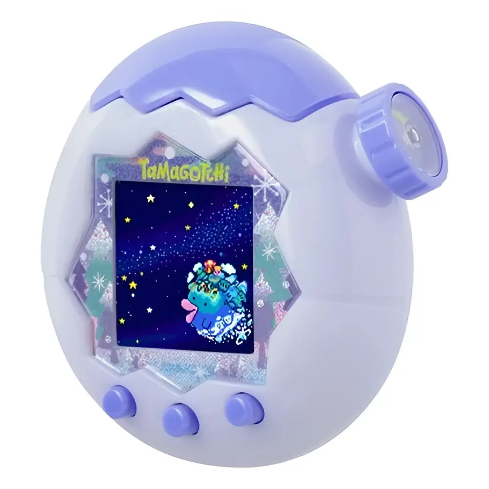 Purple tamagotchi paradise white glacier digital pet handheld device with glowing screen showing blue creature at night