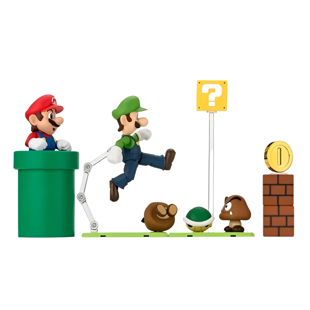 Tamashii nations s.h.figuarts super mario brothers action figure set featuring stylized vinyl mario and luigi figures