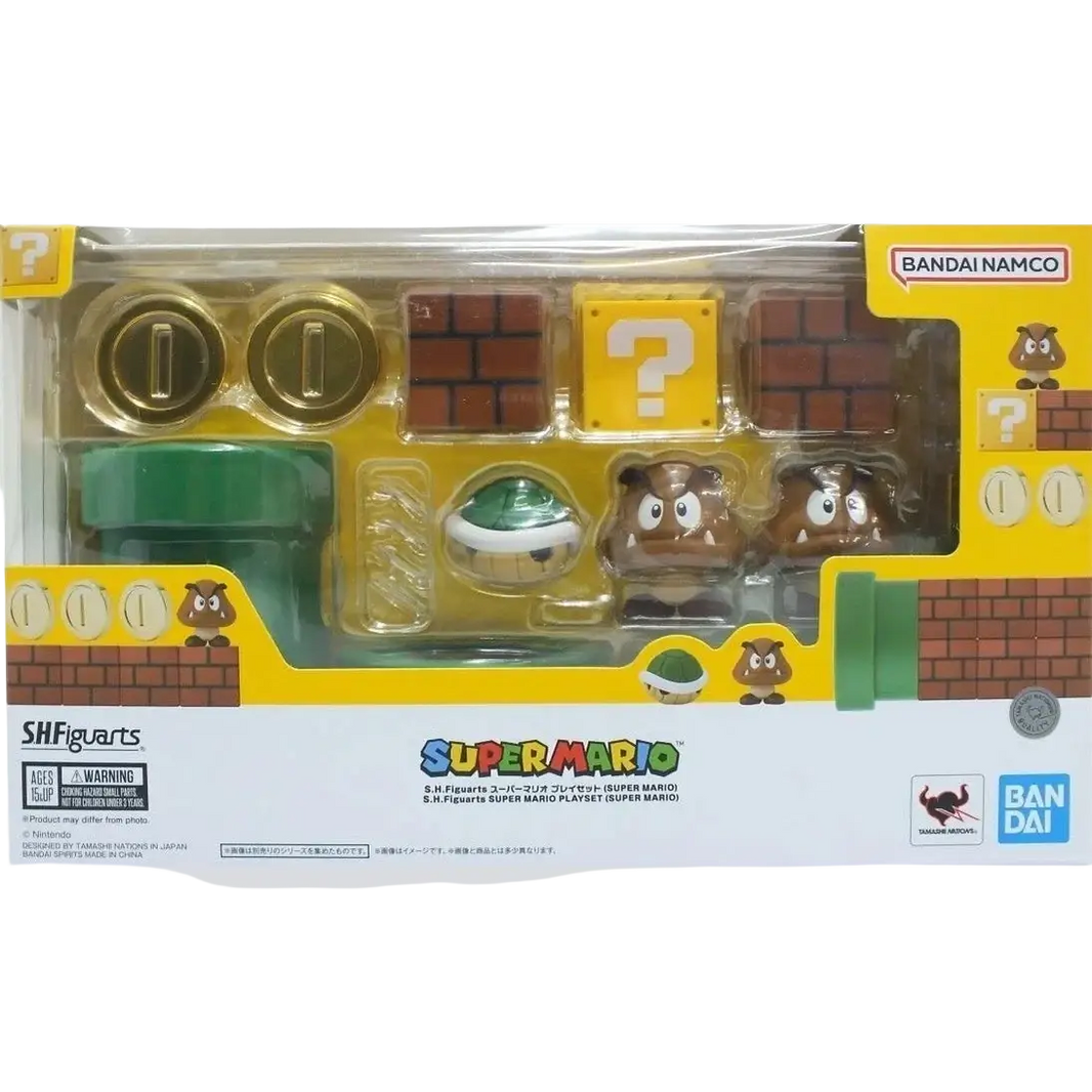 Tamashii nations s.h.figuarts the super mario brothers action figure playset with gold coins green pipes and goomba figures