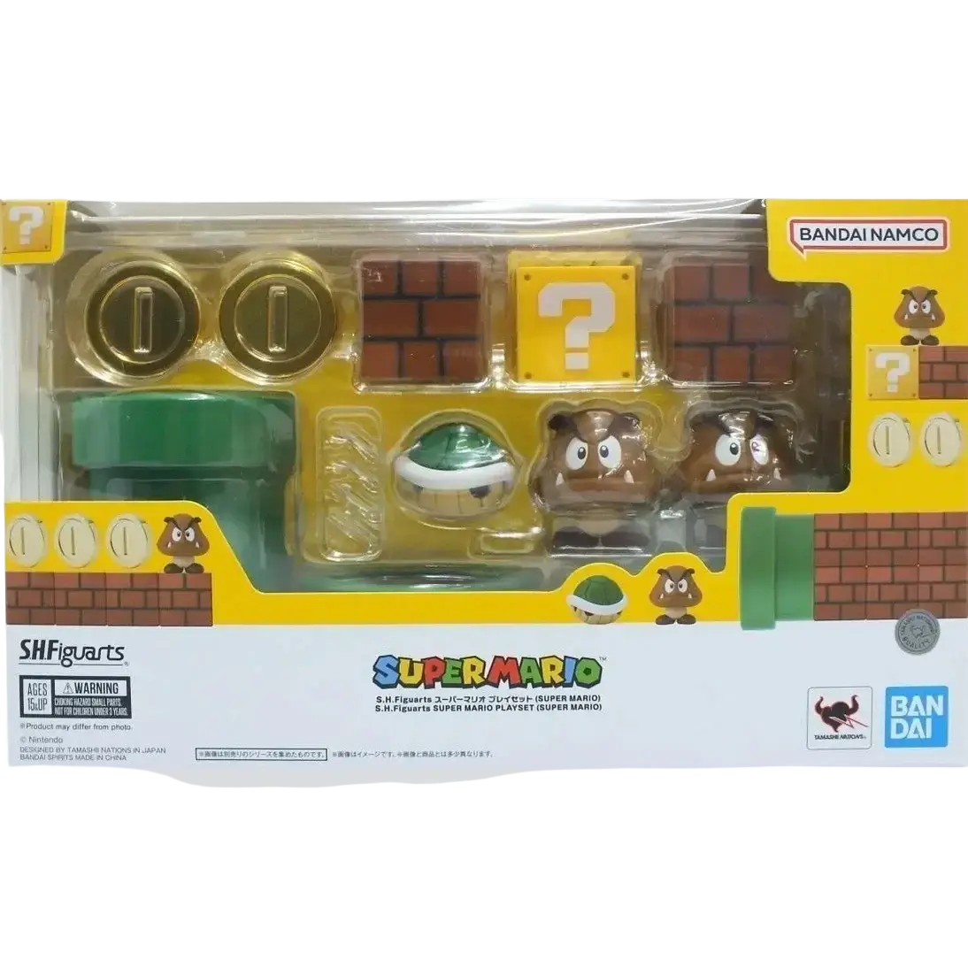 Tamashii nations s.h.figuarts the super mario brothers action figure playset with gold coins green pipes and goomba figures