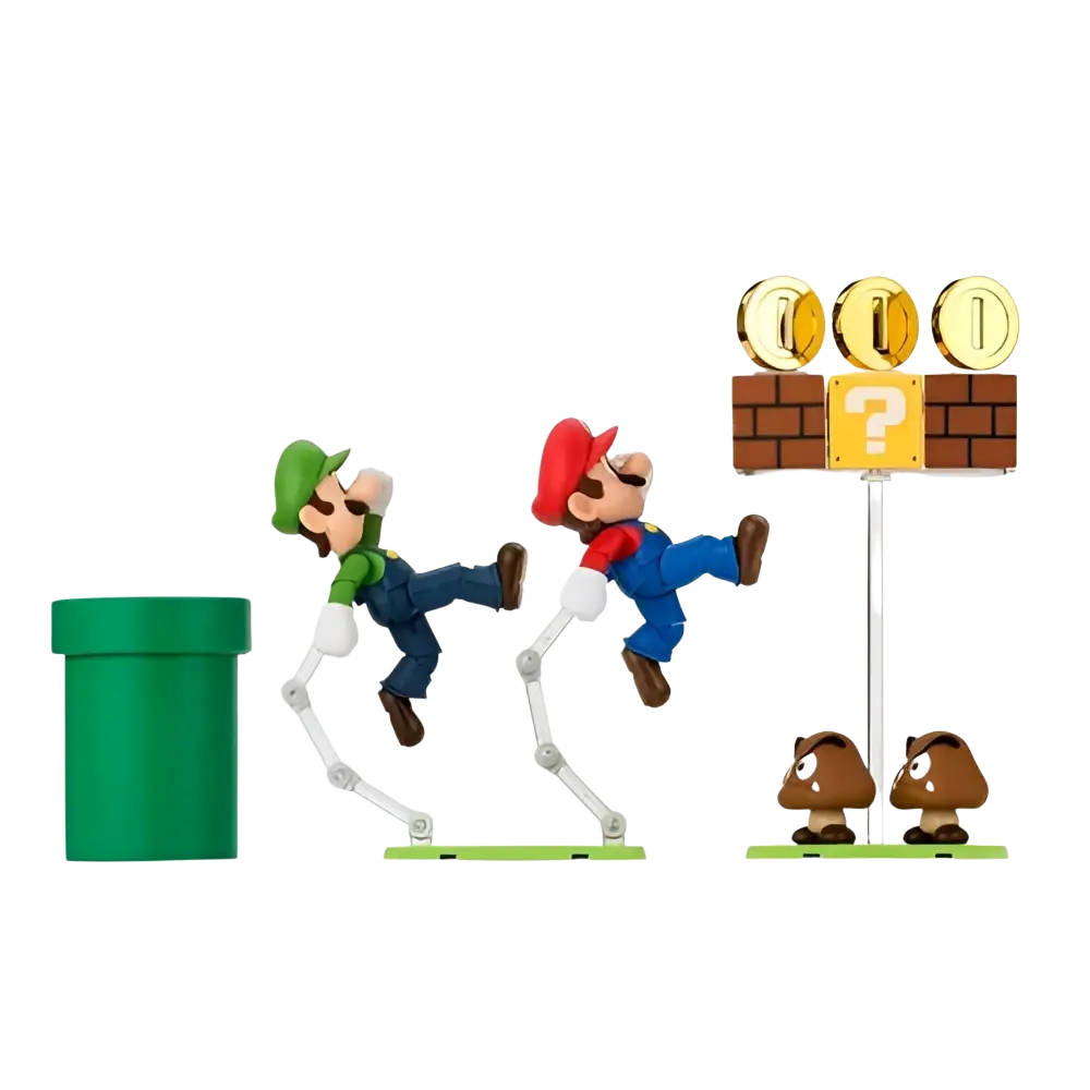 Tamashii nations s.h.figuarts super mario brothers action figure duo in green and red posed mid-jump over green pipe