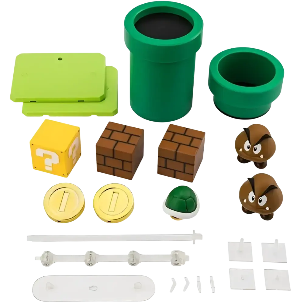 Tamashii Nations S.H.Figuarts Super Mario Brothers playset with green pipe stylized vinyl figure and brown goomba blocks