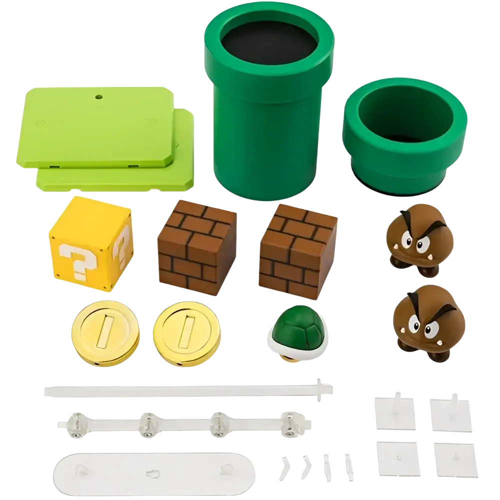 Tamashii Nations S.H.Figuarts Super Mario Brothers playset with green pipe stylized vinyl figure and brown goomba blocks