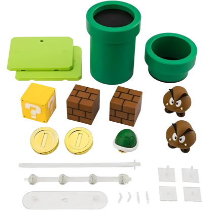Tamashii Nations S.H.Figuarts Super Mario Brothers playset with green pipe stylized vinyl figure and brown goomba blocks