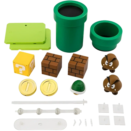 Tamashii Nations S.H.Figuarts Super Mario Brothers playset with green pipe stylized vinyl figure and brown goomba blocks