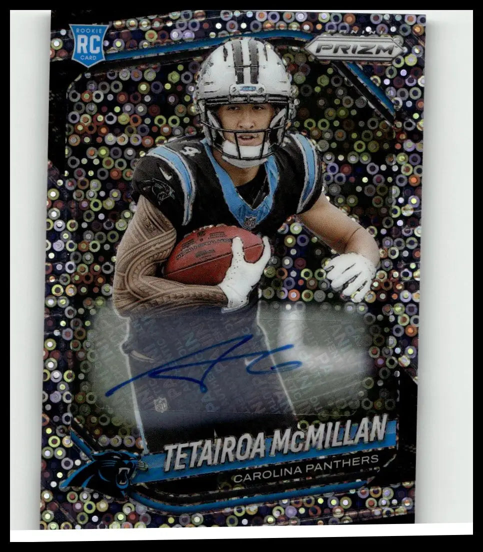 A shiny holographic panini prizm rookie trading card of tetairoa mcmillan in carolina panthers uniform holding football