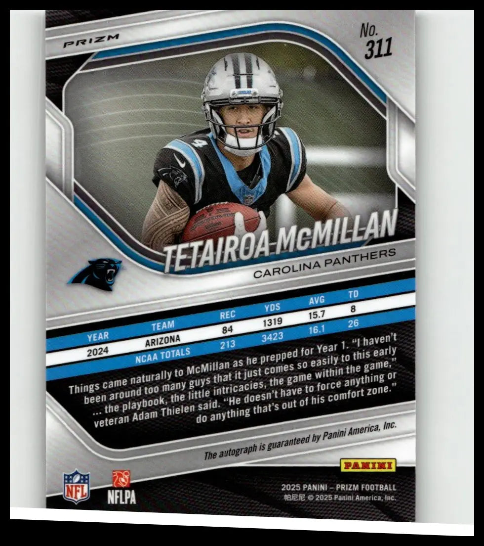 Silver and black prizm football trading card featuring tetairoa mcmillan rookie in carolina panthers uniform for toys and games