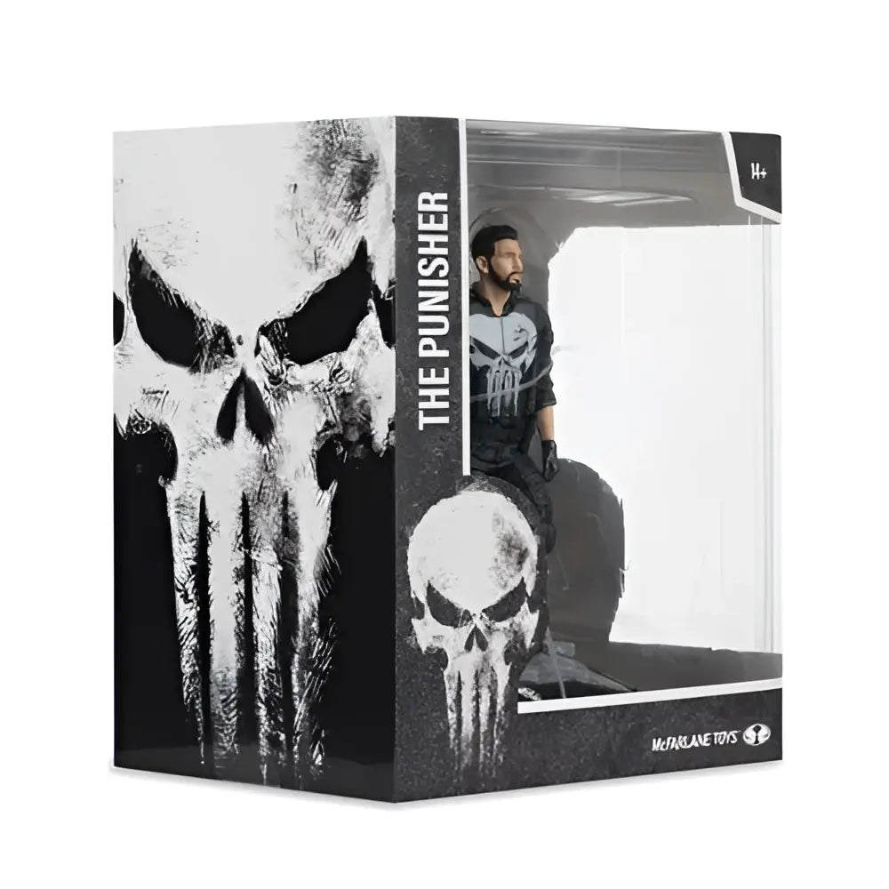 The punisher 1 10 scale posed figure in black and gray tactical outfit with skull emblem in mcfarlane toys box