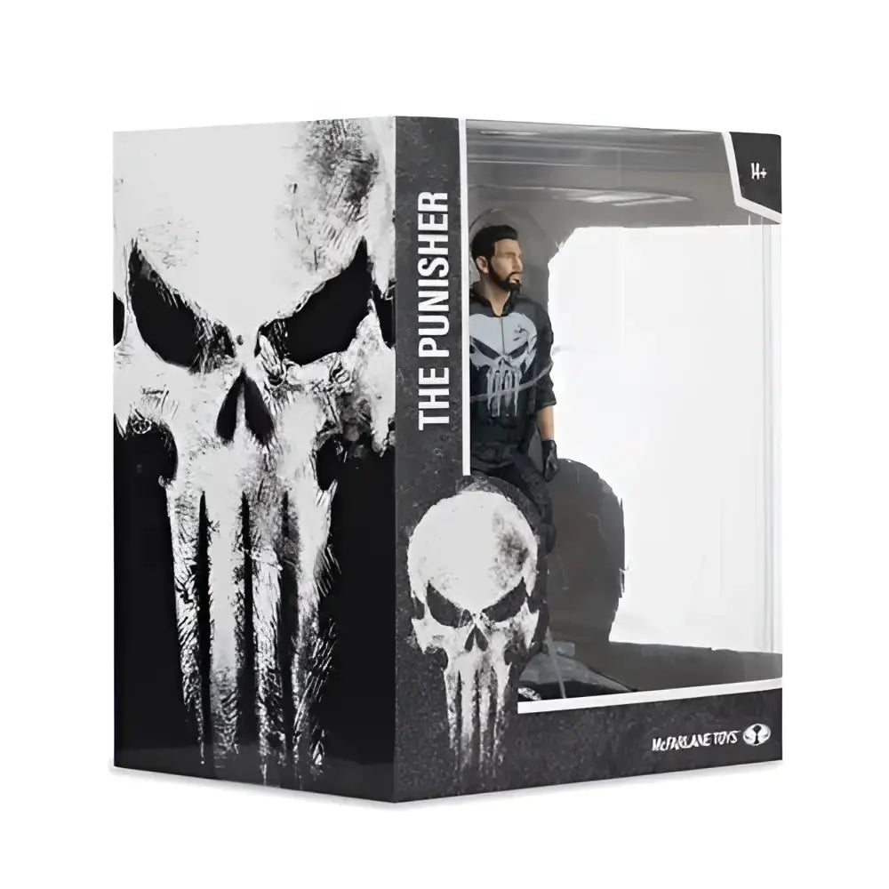 The punisher 1 10 scale posed figure in black and gray tactical outfit with skull emblem in mcfarlane toys box