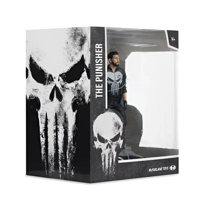 The punisher 1 10 scale posed figure in black and gray tactical outfit with skull emblem in mcfarlane toys box
