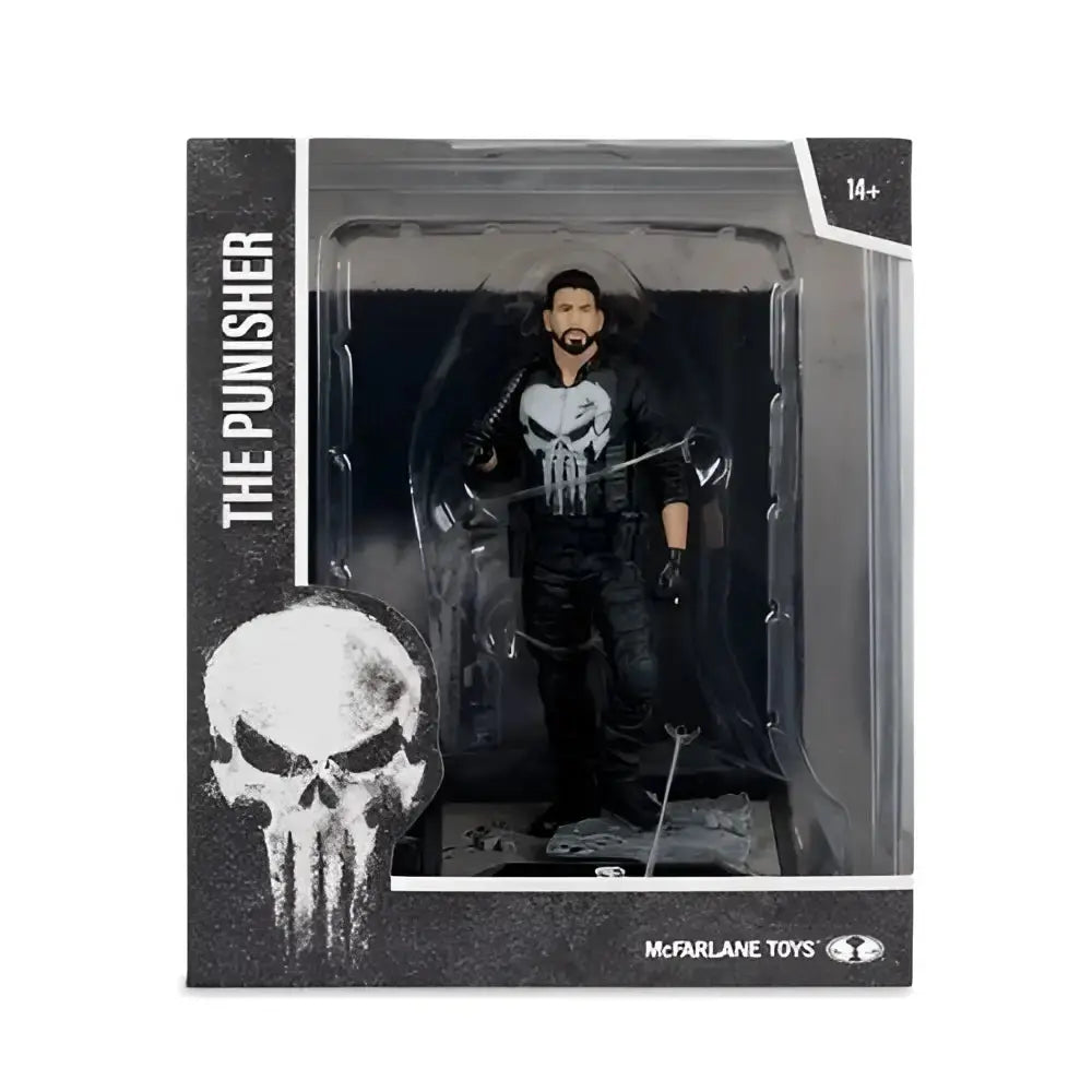 The punisher black 1 10 scale posed figure in clear display box featuring iconic skull logo on chest