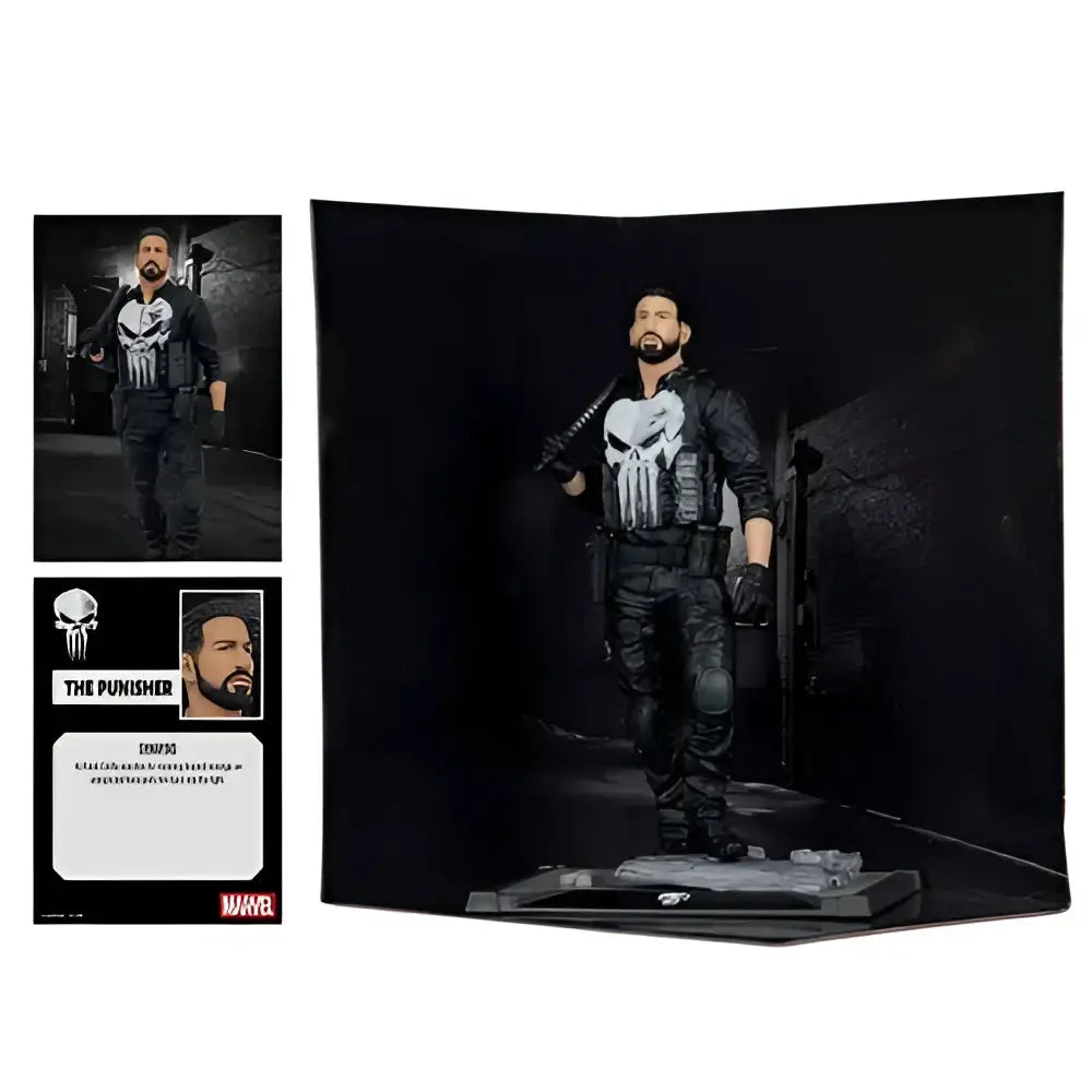 The punisher 1 10 scale posed figure in black and white tactical gear standing on a textured base
