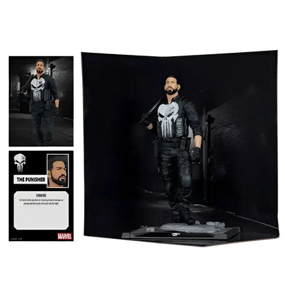 The punisher 1 10 scale posed figure in black and white tactical gear standing on a textured base