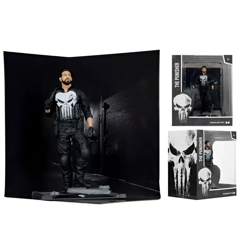 The punisher 1 10 scale posed figure in black and white features detailed articulation and iconic skull emblem
