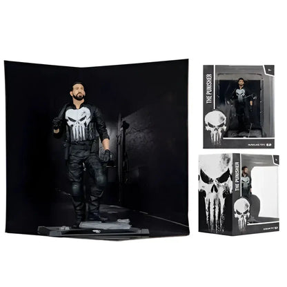 The punisher 1 10 scale posed figure in black and white features detailed articulation and iconic skull emblem