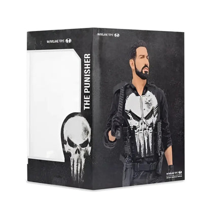 The punisher 1:10 scale posed figure in black and white features a detailed skull emblem on the chest