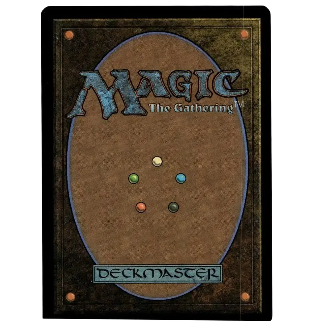 Brown magic the gathering deckmaster card back with textured oval center and five colored dots for toys and games