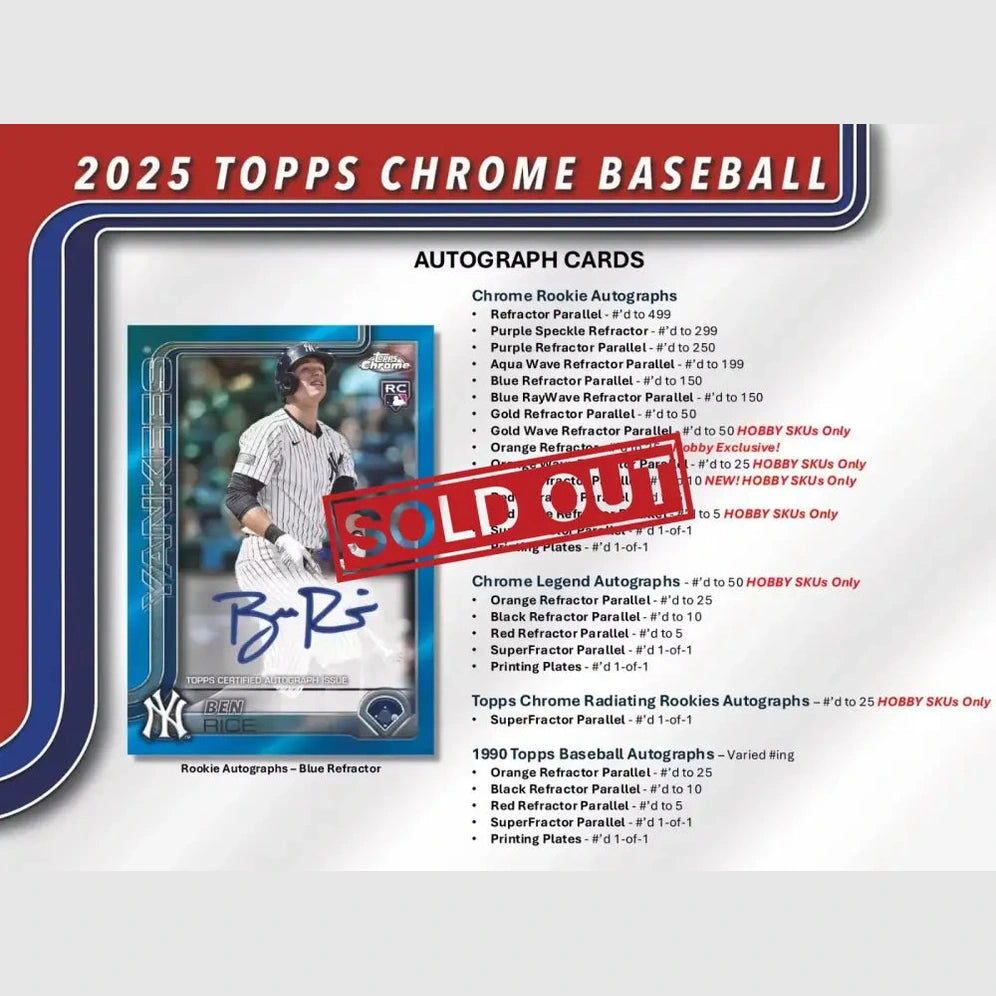 A list of autograph card types and rarity for 2025 Topps Chrome Baseball.