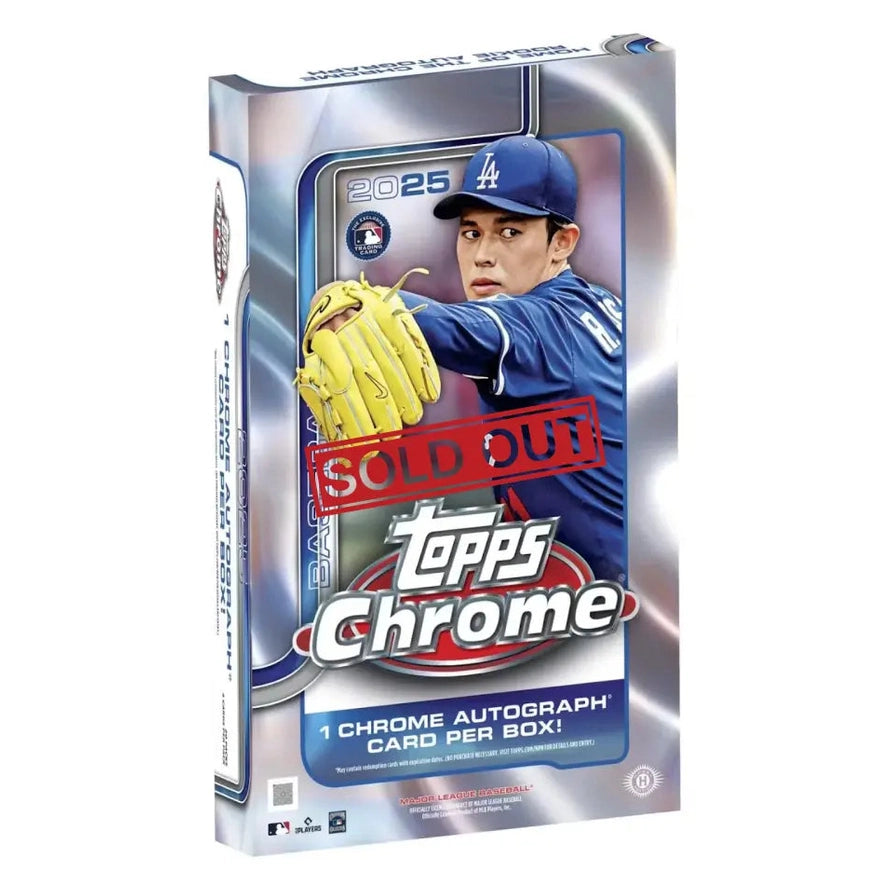 A ’Sold Out’ box of 2025 Topps Chrome baseball cards featuring a player in a Dodgers uniform and guaranteeing one chrome autograph card per box.
