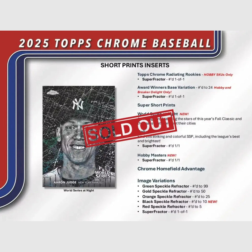 A promotional flyer for 2025 Topps Chrome Baseball short prints and image variations, with a ’SOLD OUT’ stamp across a baseball card featuring Aaron Judge.