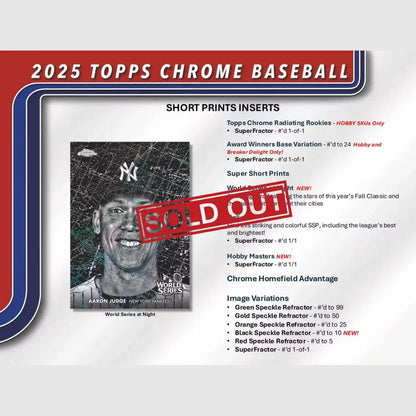 A promotional flyer for 2025 Topps Chrome Baseball short prints and image variations, with a ’SOLD OUT’ stamp across a baseball card featuring Aaron Judge.